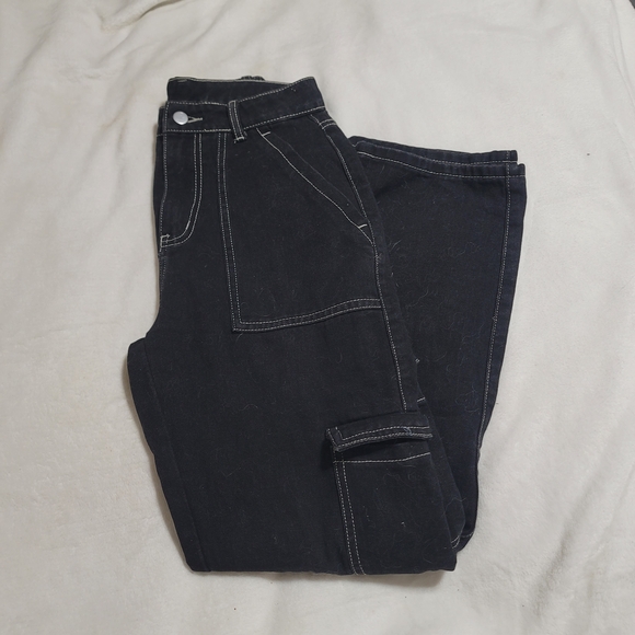 SHEIN Denim - Womens Dark Wash Black Denim Cargo Wide Leg Jeans Sz Small Shein Cotton Blend
